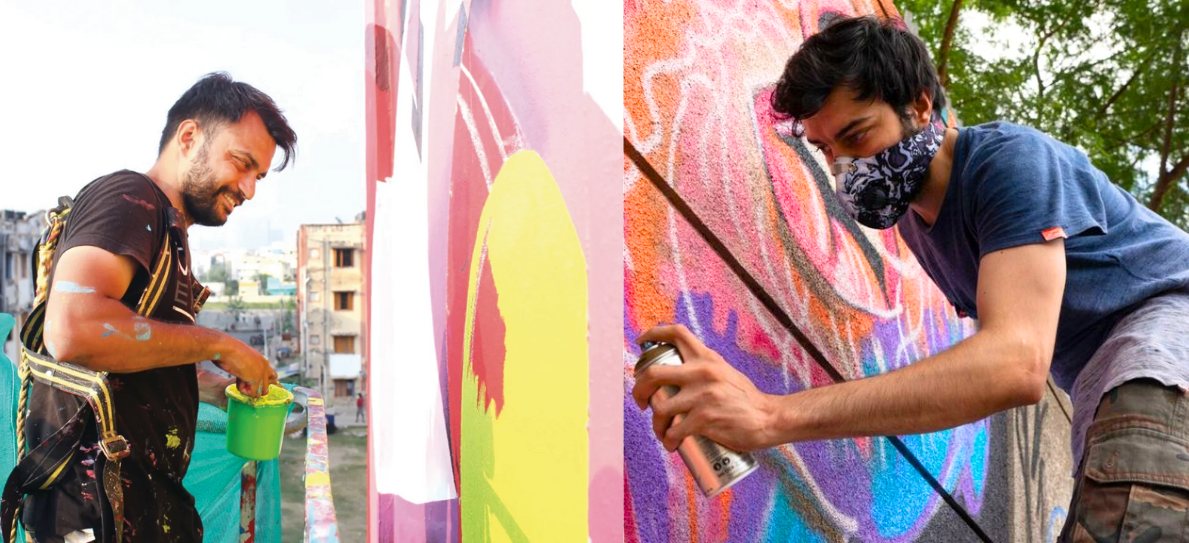Paperplane artists spray-painting a mural